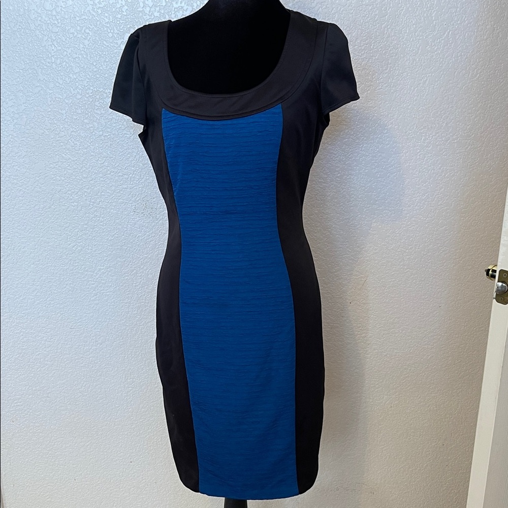 London Style Blue and Black Scoop Neck Sheath Dress